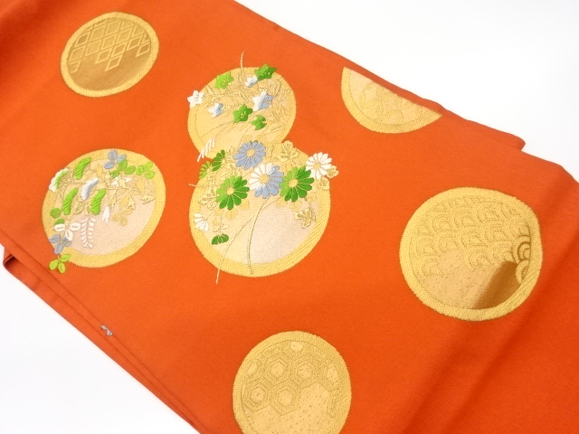 リサイクル　丸紋に秋草・古典柄模様織出し名古屋帯